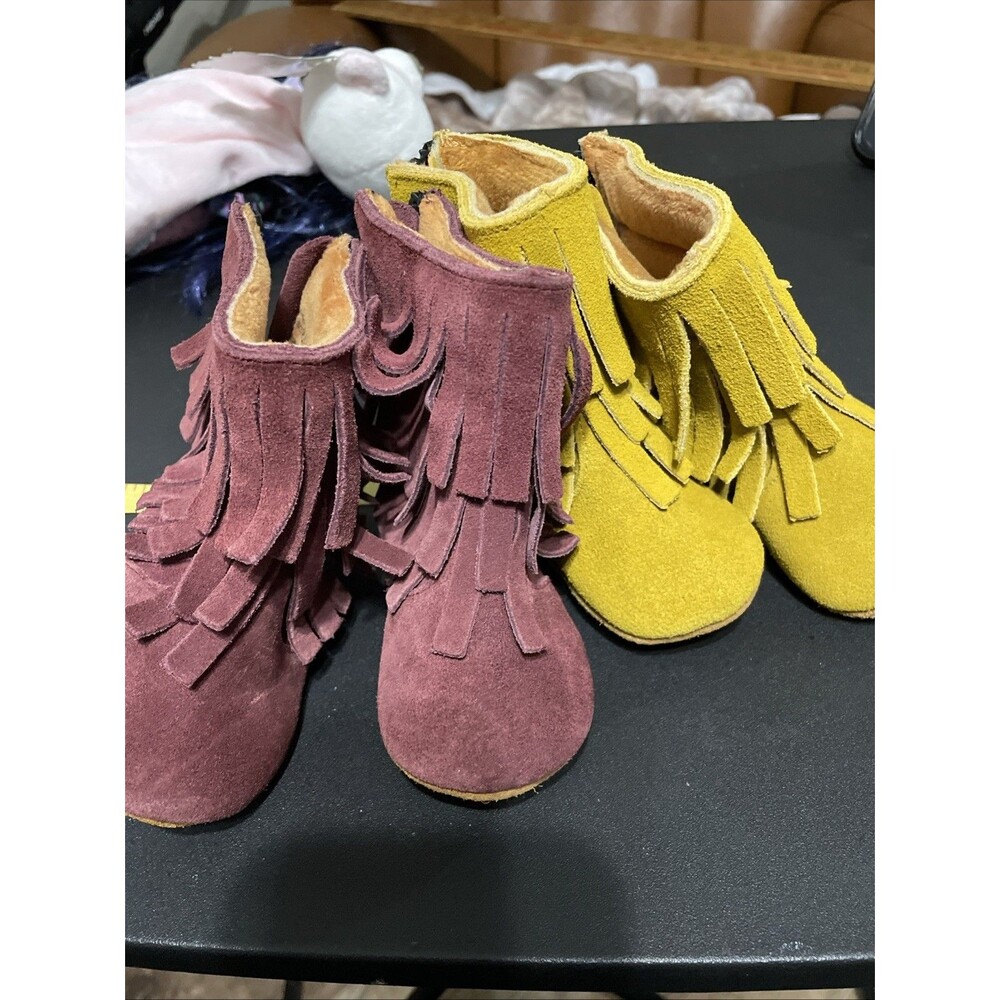 Monkey Feet Suede Set Of 2 Fringe Boots Shoes For Baby Purple Mustard Yellow